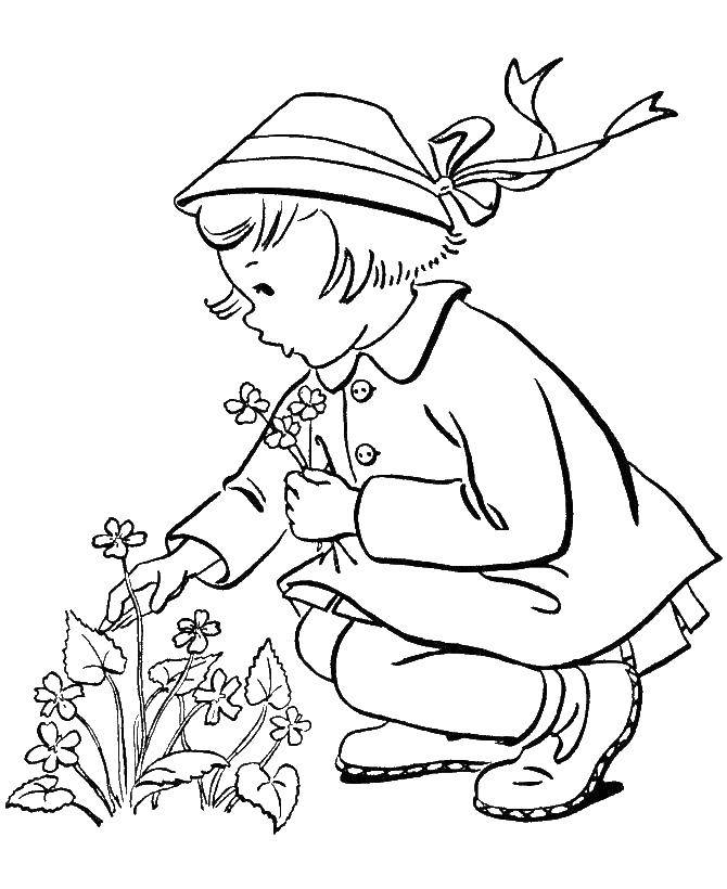 Название: Раскраска Девочка собирает полевые цветочки. Категория: весна. Теги: Цветы, полевые.