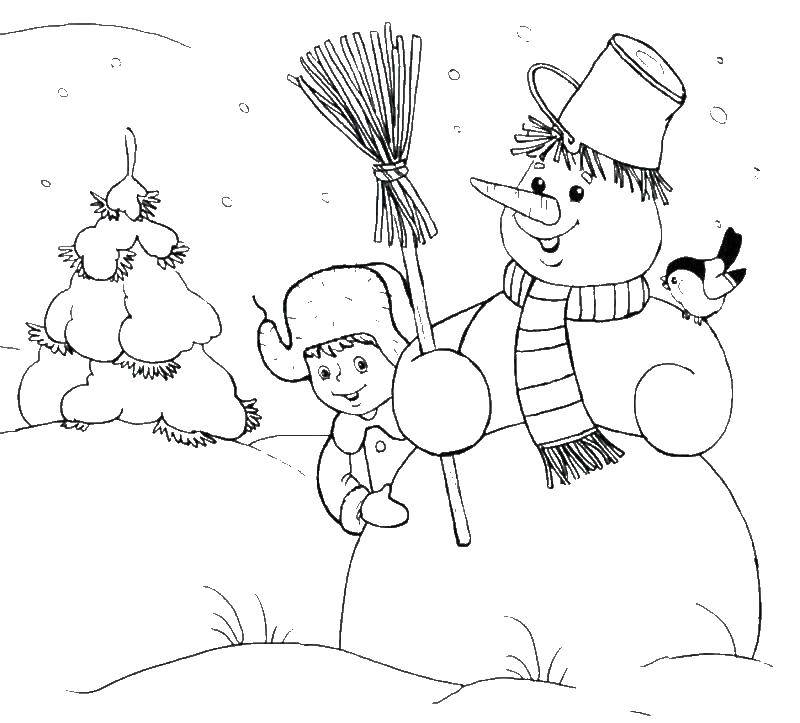 Название: Раскраска Мальчик и снеговик. Категория: Люди. Теги: снеговик.