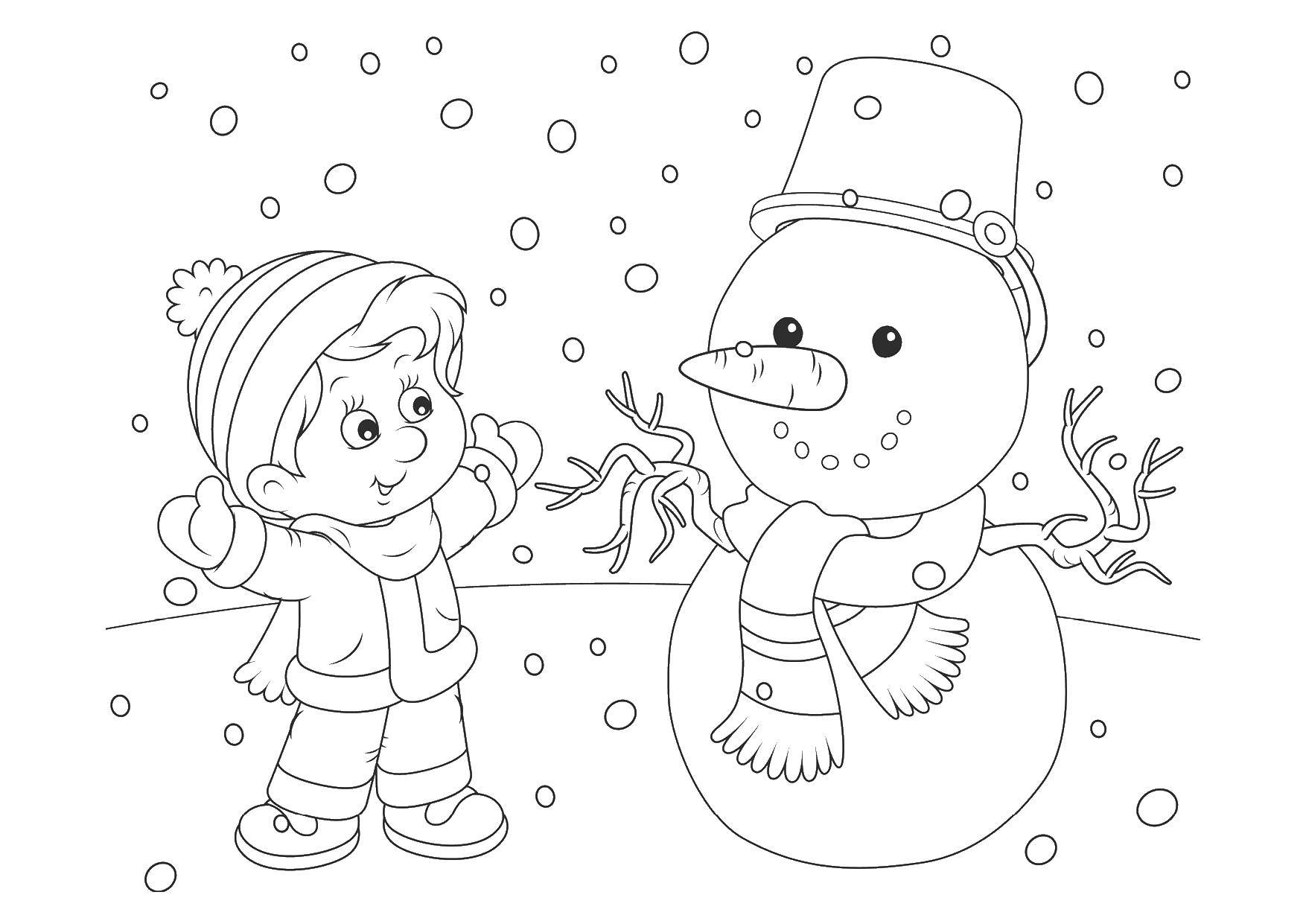 Название: Раскраска Мальчик слепил снеговика. Категория: люди. Теги: снеговик, дети.