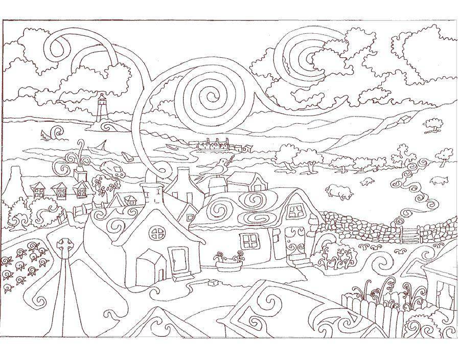 Coloring Fabulous village. Category Nature. Tags:  nature, trees, trees.