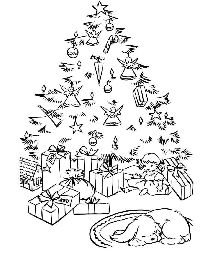 Название: Раскраска Чудесная рождественская ёлка. Категория: раскраски елки. Теги: Рождество, ёлочная игрушка, ёлка, подарки.