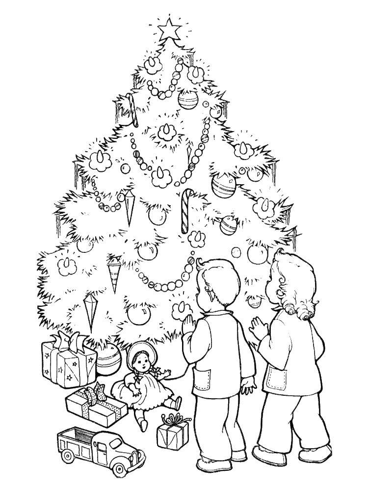 Название: Раскраска Дети около красивой елки с подарками. Категория: раскраски елки. Теги: дети, елка.