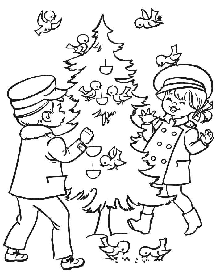Название: Раскраска Детки украшают ёлку, а птички им помогают. Категория: раскраски елки. Теги: Новый Год, ёлка, подарки, игрушки, дети, веселье, праздник.