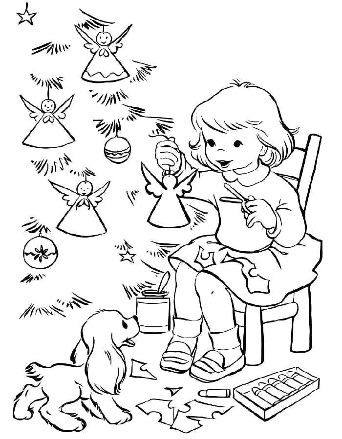 Название: Раскраска Девочка вырезает ангелочков из бумаги. Категория: раскраски елки. Теги: Рождество, ёлочная игрушка, ёлка, подарки.
