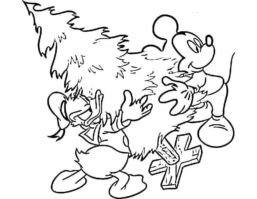 Coloring Donald and Mickey carrying a Christmas tree. Category coloring Christmas tree. Tags:  New Year, tree, gifts, toys, Disney.