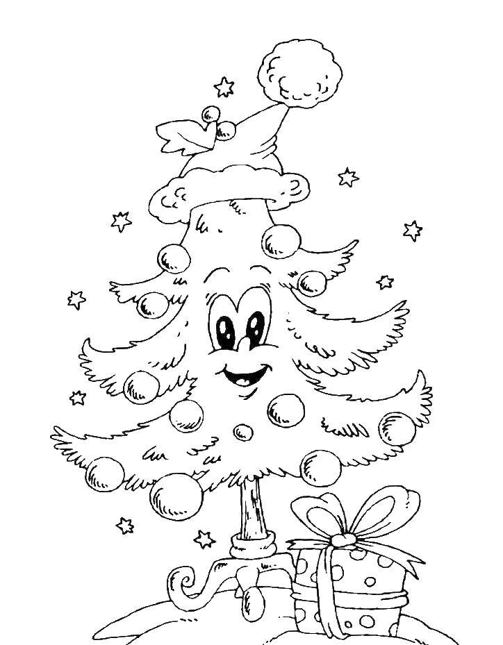 Coloring Tree with hat smiling. Category coloring Christmas tree. Tags:  tree.