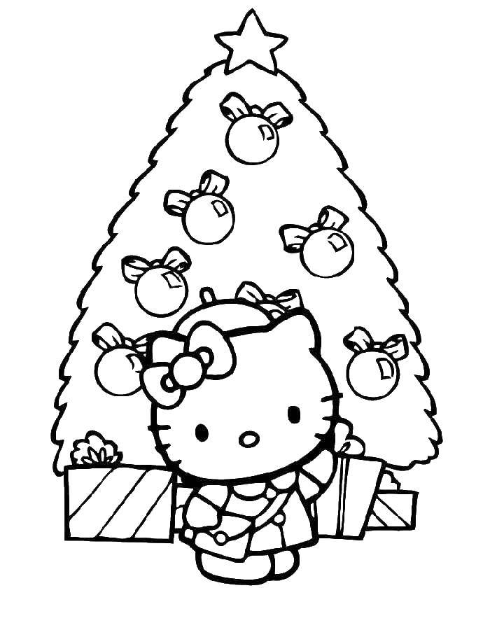 Coloring Hello kitty the Christmas trees. Category coloring Christmas tree. Tags:  New Year, tree, gifts, toys, Hello kitty.