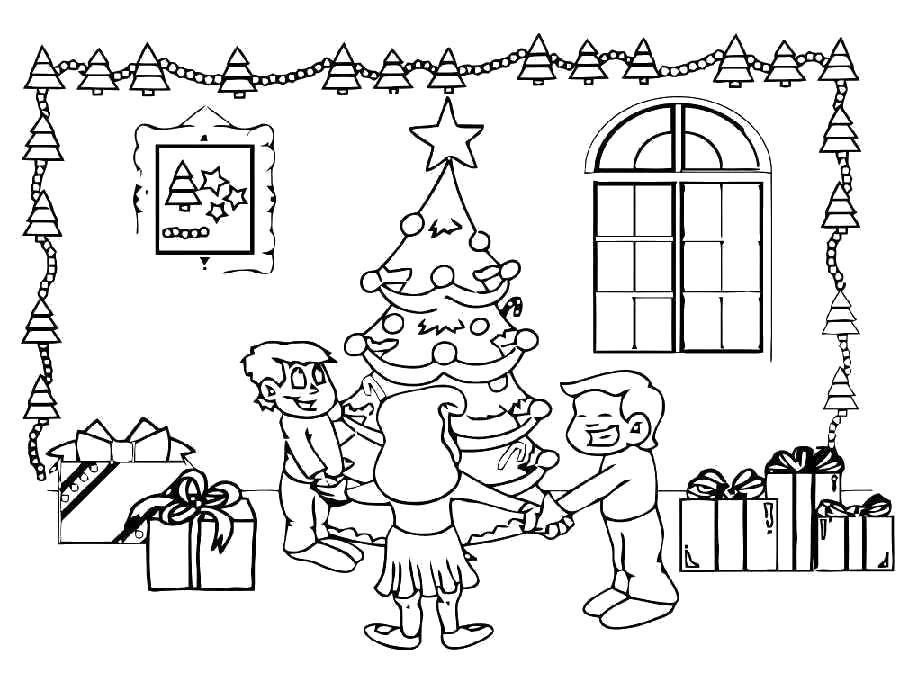 Coloring A dance round the Christmas tree. Category coloring Christmas tree. Tags:  New Year, tree, gifts, toys, children, fun, holiday.
