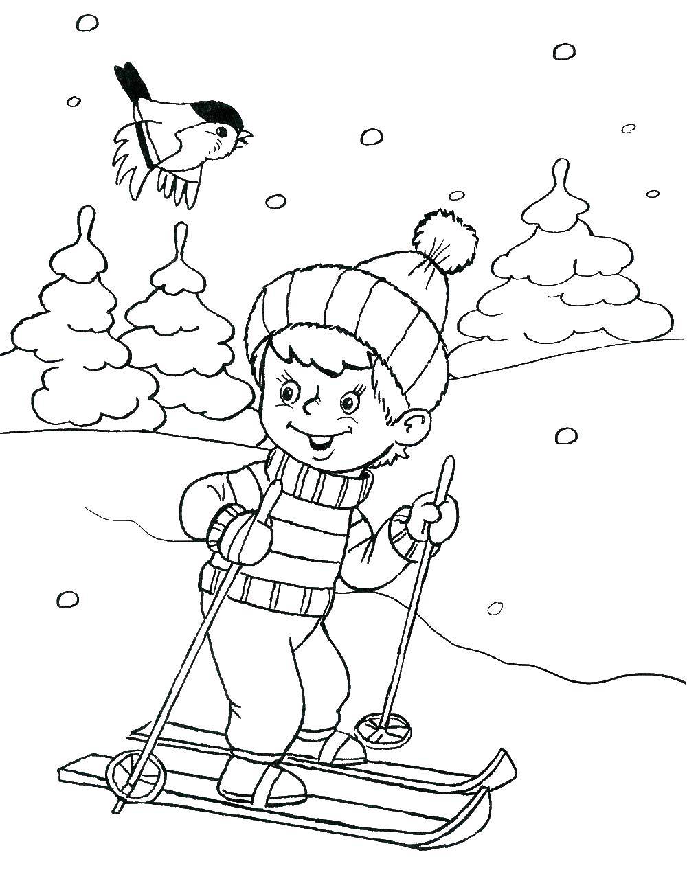 Название: Раскраска Мальчик катается на лыжах. Категория: Люди. Теги: лыжи, мальчик.