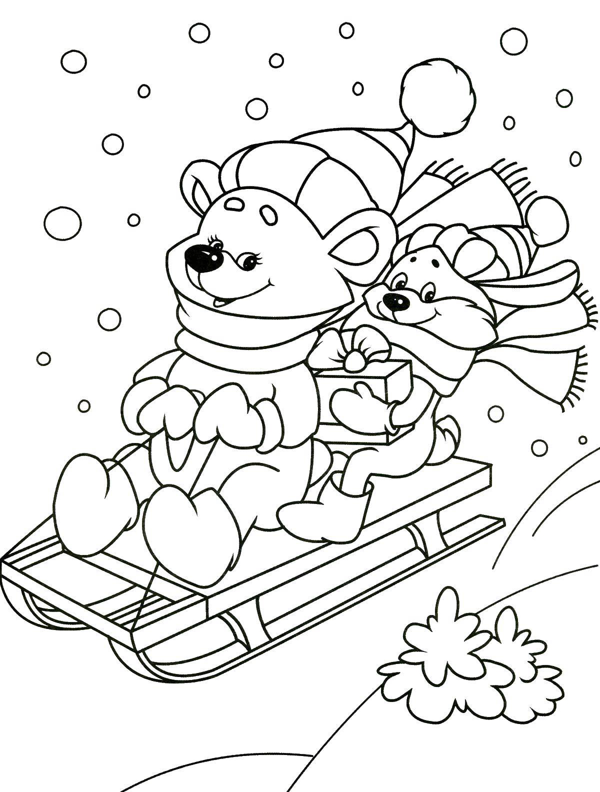 Название: Раскраска Мишки катаются на санках. Категория: зима. Теги: Мишки, Медведь.