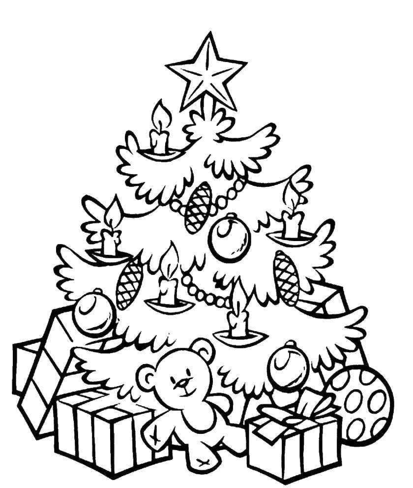 Название: Раскраска Небольшая елка с подарками мишкой и свечками. Категория: раскраски елки. Теги: елка.