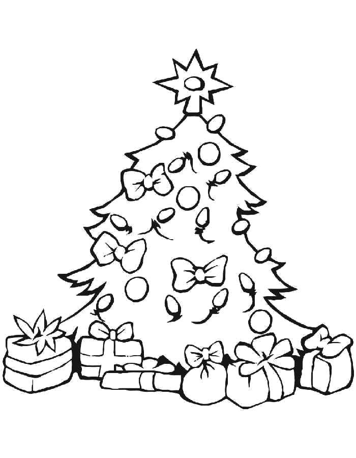 Название: Раскраска Подарки под ёлочкой. Категория: раскраски елки. Теги: Новый Год, ёлка, подарки, игрушки.