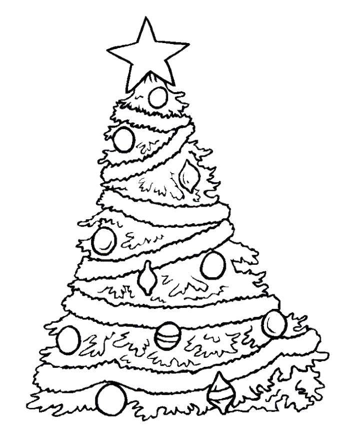 Coloring Furry tree with toys and star. Category coloring Christmas tree. Tags:  New Year, tree, gifts, toys.