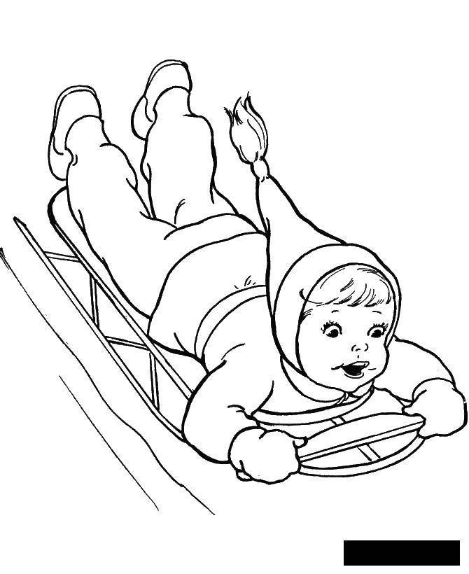 Название: Раскраска Ребенок катается с санках. Категория: люди. Теги: ребенок, сани.