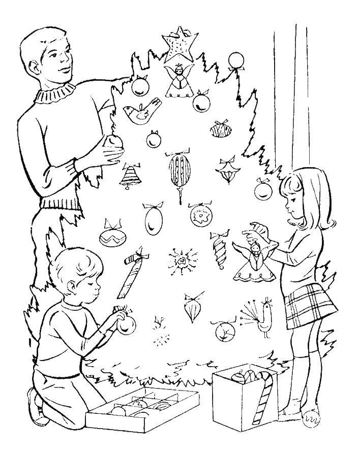 Название: Раскраска Семья наряжает ёлку к новому году. Категория: раскраски елки. Теги: Новый Год, ёлка, подарки, игрушки, семья.