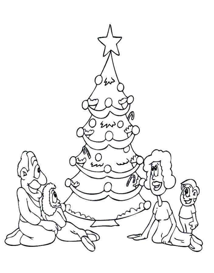Название: Раскраска Семья собралась вокруг ёлочки в новогоднюю ночь. Категория: раскраски елки. Теги: Новый Год, подарки, семья, ёлка.