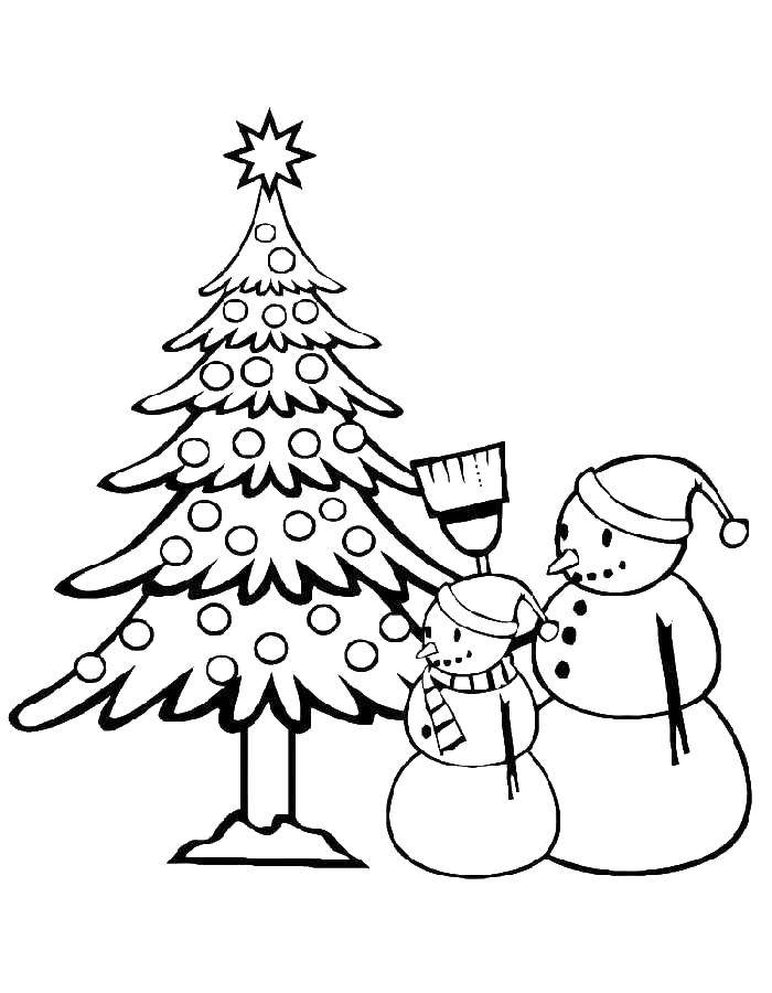 Название: Раскраска Снеговики под ёлочкой. Категория: раскраски елки. Теги: Новый Год, ёлка, подарки, игрушки, снеговик.