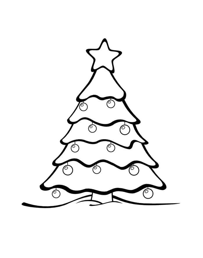 Название: Раскраска Украшенная ёлочка в зимнем лесу. Категория: раскраски елки. Теги: Новый Год, Новогодняя игрушка, звезда, ёлка.