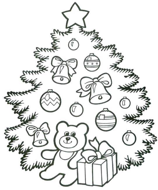 Розмальовки  Пухнаста ялинка з іграшками і зіркою. Завантажити розмальовку Новий Рік, ялинка, подарунки, іграшки.  Роздрукувати ,новий рік,