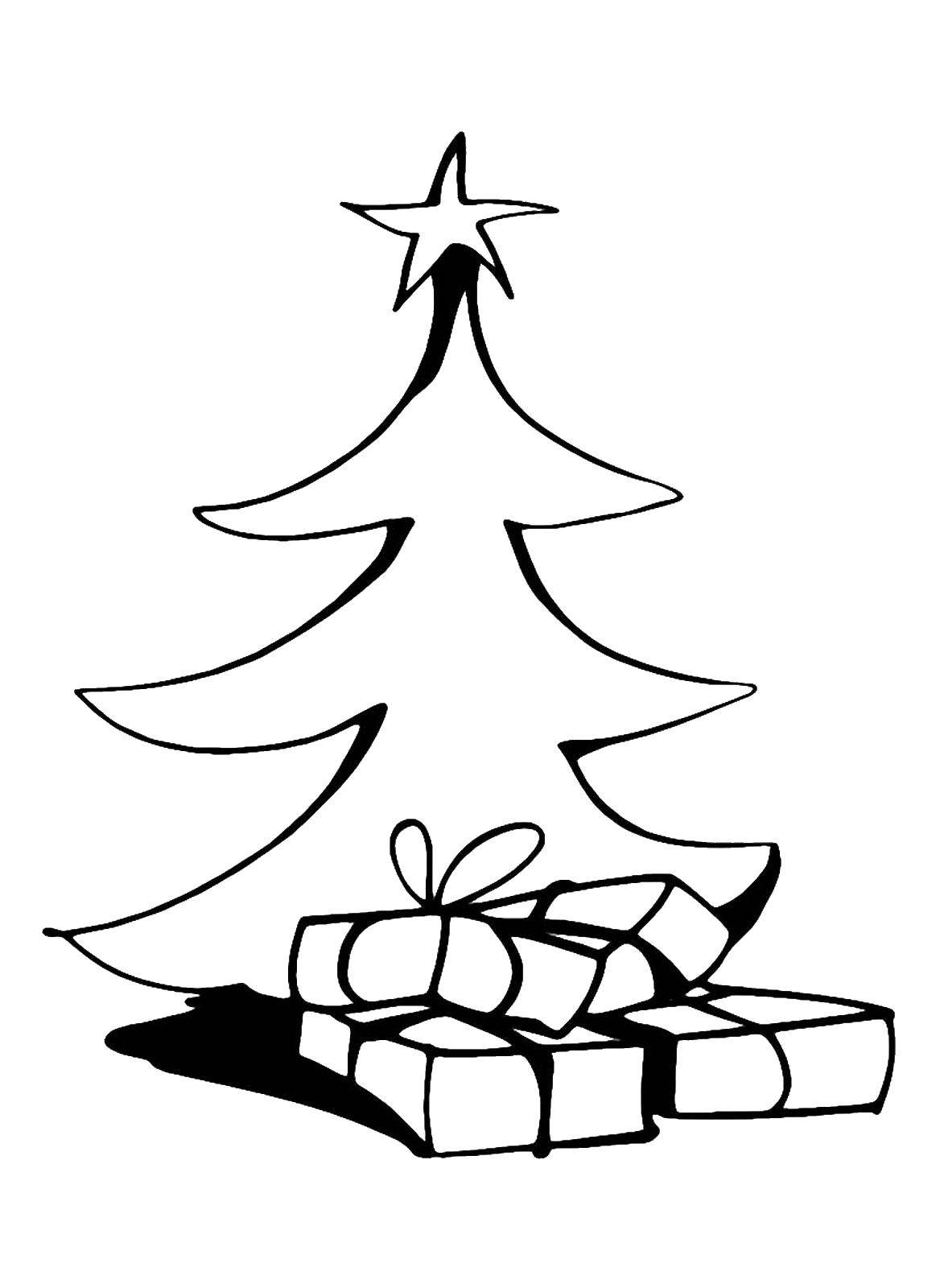 Название: Раскраска Большие подарочки под ёлкой. Категория: раскраски елки. Теги: Новый Год, ёлка, подарки, игрушки.