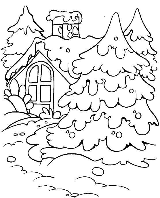 Название: Раскраска Домик в лесу зимой. Категория: зима. Теги: елка, дом.