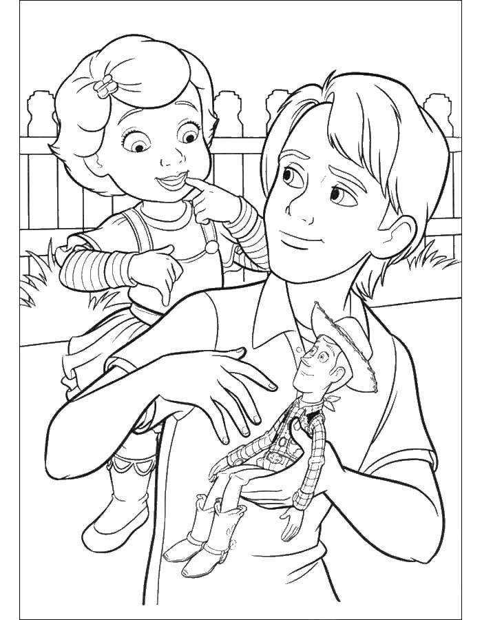 Coloring Andy Davis gives a girl woody. Category People. Tags:  Woody, toys.