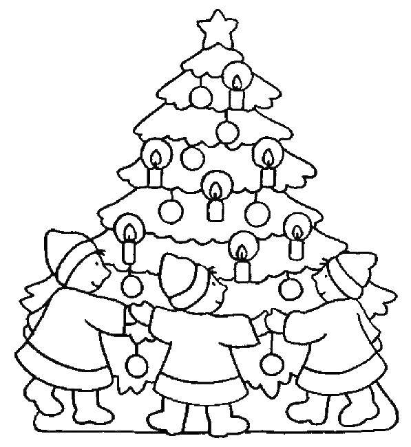 Coloring A dance round the Christmas tree. Category Coloring pages for kids. Tags:  Christmas, Christmas toy, Christmas tree, gifts.