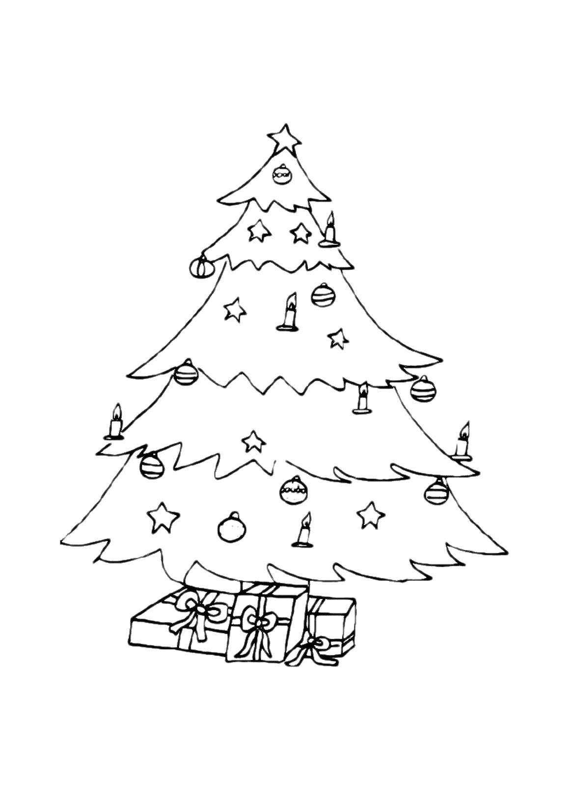 Название: Раскраска Игрушки на ёлочке и подарки под ней. Категория: раскраски елки. Теги: Новый Год, ёлка, подарки, игрушки.