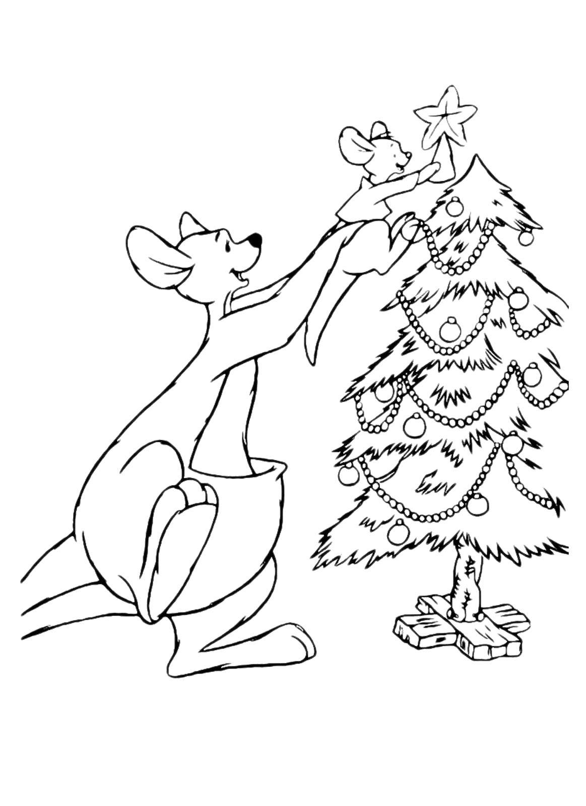 Coloring Kangaroo decorates the Christmas tree. Category coloring Christmas tree. Tags:  New Year, tree, gifts, toys.
