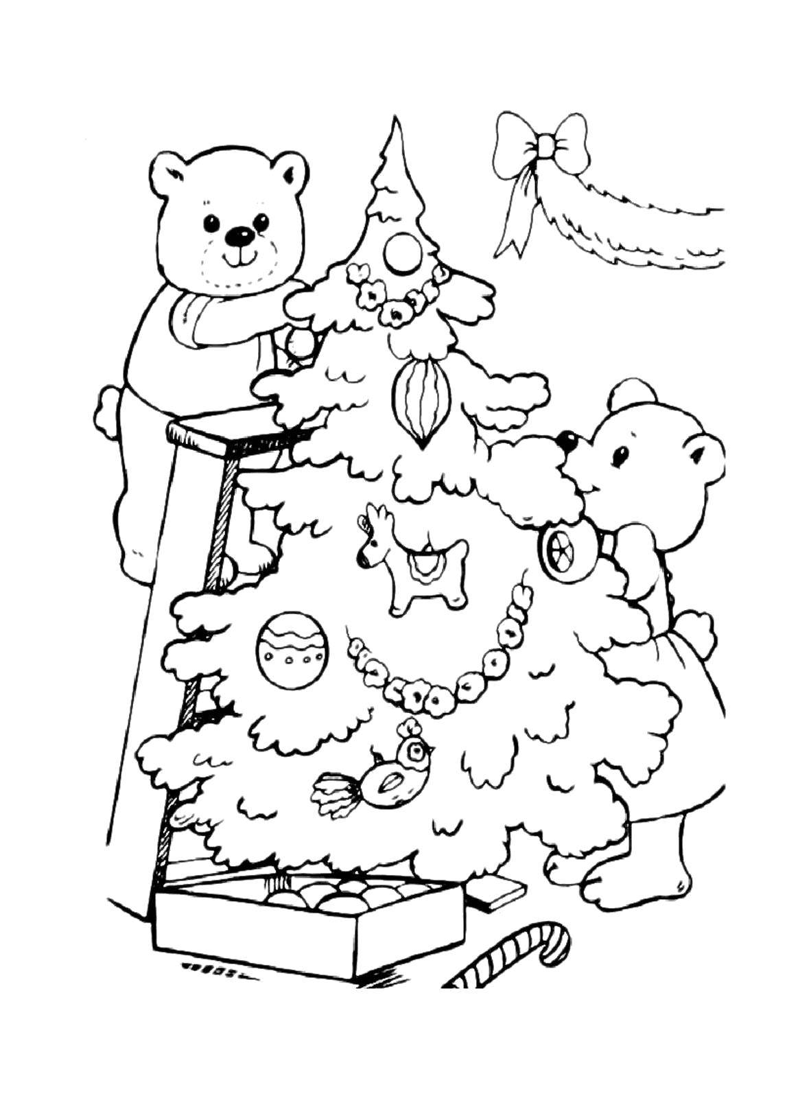 Coloring The cubs are preparing for the new year. Category coloring Christmas tree. Tags:  New Year, tree, gifts, toys.