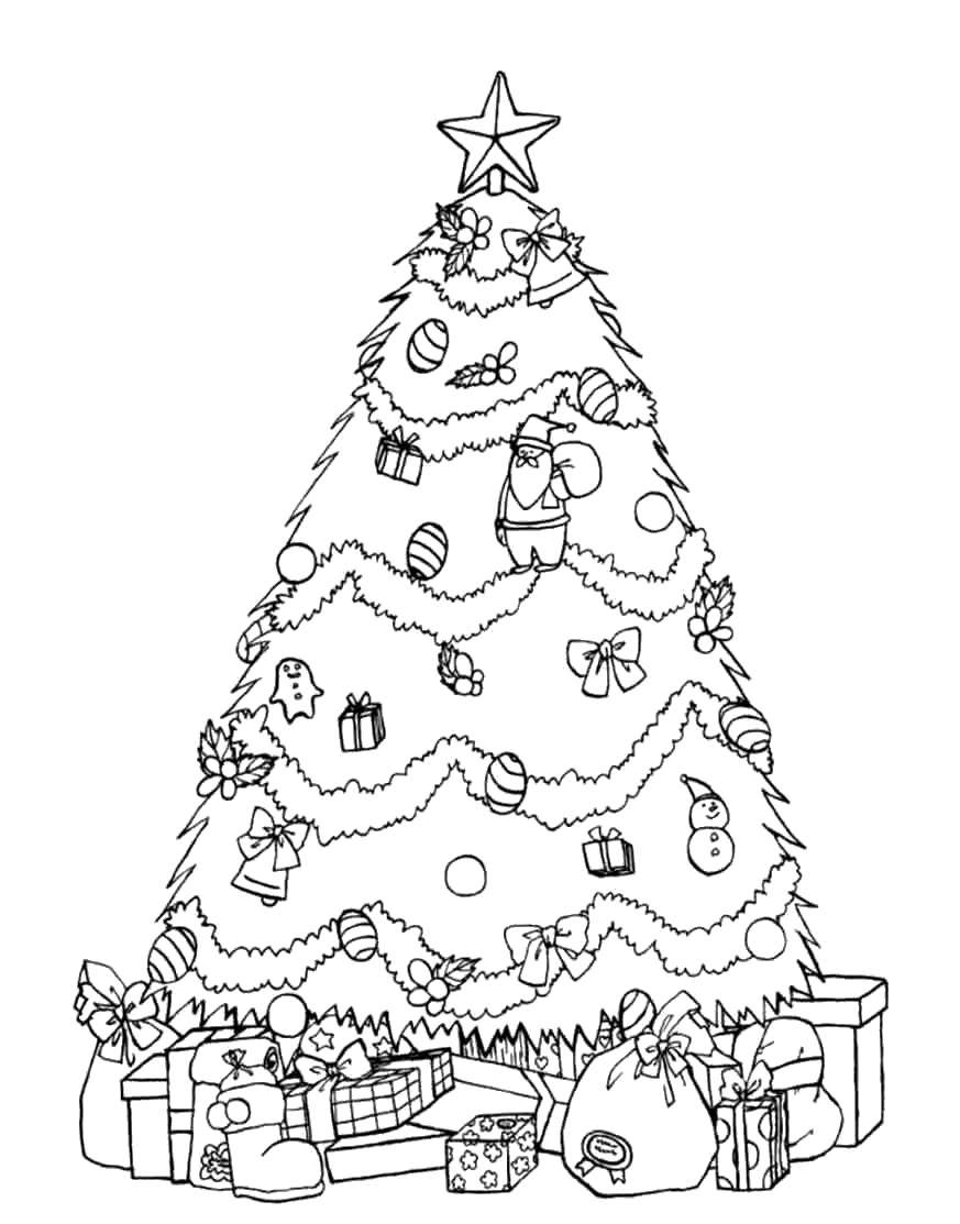 Coloring Lots of gifts under the Christmas tree. Category coloring Christmas tree. Tags:  New Year, tree, gifts, toys.