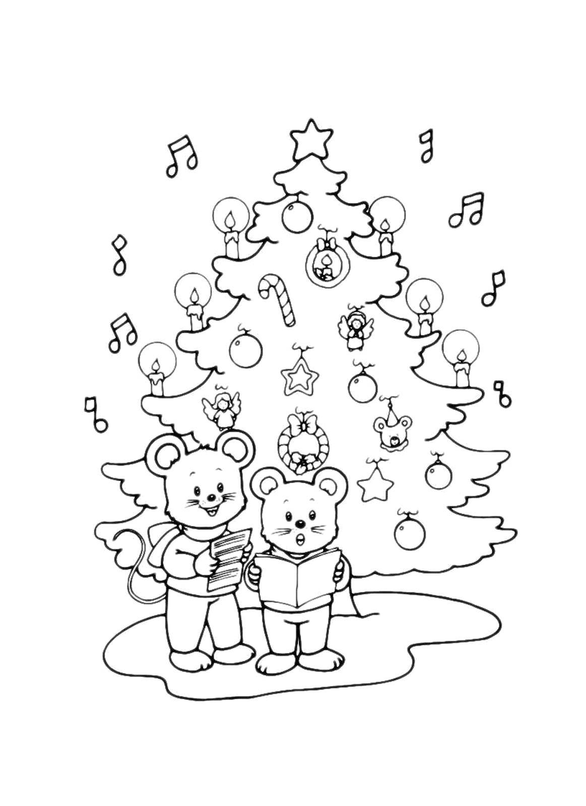 Coloring Mice singing Christmas songs. Category coloring Christmas tree. Tags:  Christmas, Christmas toy, Christmas tree, gifts.