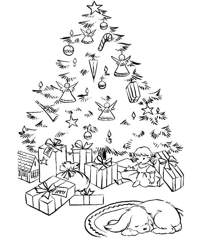 Название: Раскраска Ночь перед рождеством. Категория: раскраски елки. Теги: Рождество, ёлочная игрушка, ёлка, подарки.