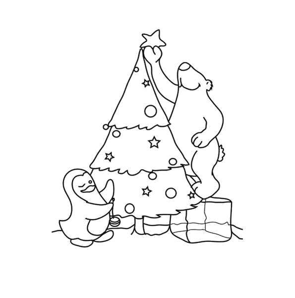 Название: Раскраска Пингвинчик и мишка украшают ёлку. Категория: раскраски елки. Теги: Новый Год, ёлка, подарки, игрушки.