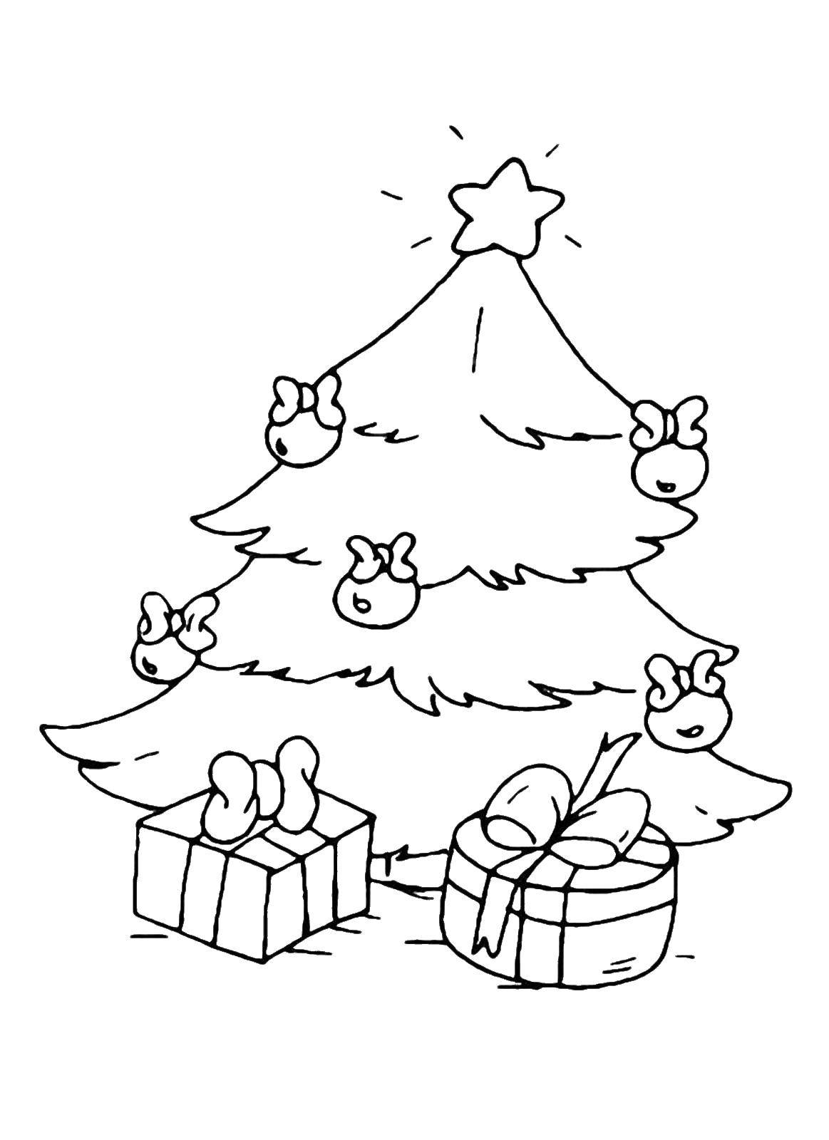 Название: Раскраска Подарочки под ёлкой. Категория: раскраски елки. Теги: Новый Год, ёлка, подарки, игрушки.