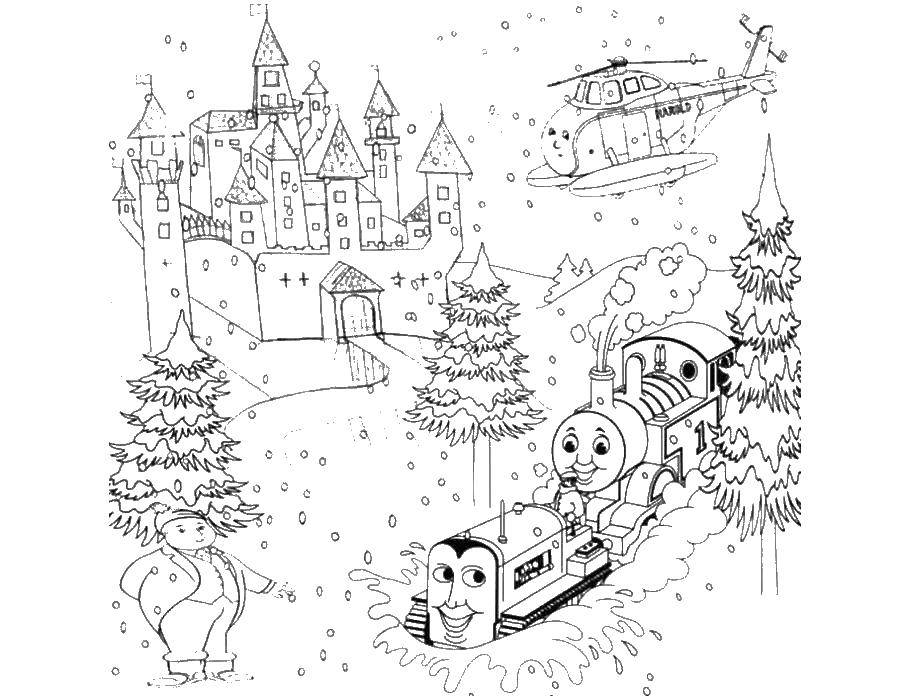 Название: Раскраска Поезд чистит снег. Категория: зима. Теги: поезд.