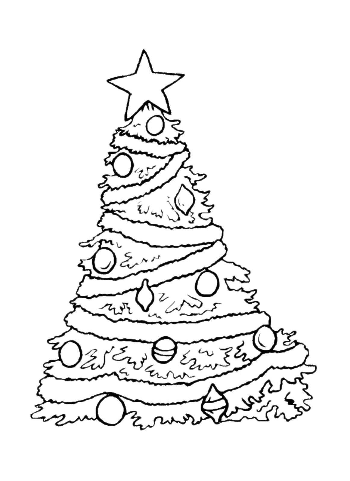 Coloring Furry tree with toys and star. Category coloring Christmas tree. Tags:  New Year, tree, gifts, toys.