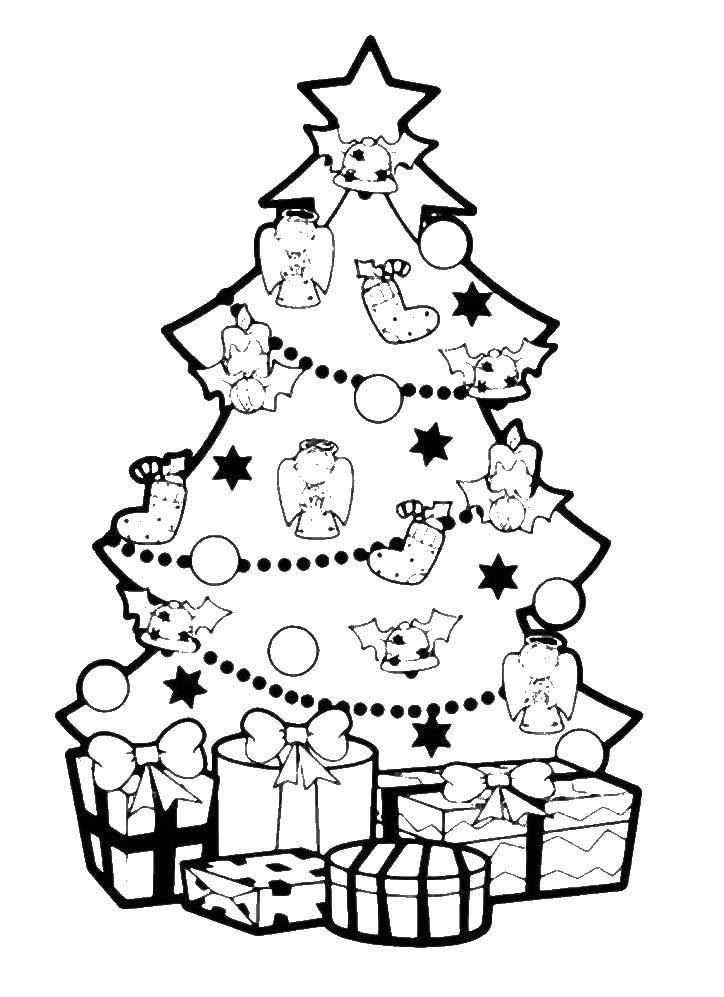 Название: Раскраска Рождественская ёлочка. Категория: раскраски елки. Теги: Рождество, ёлочная игрушка, ёлка, подарки.