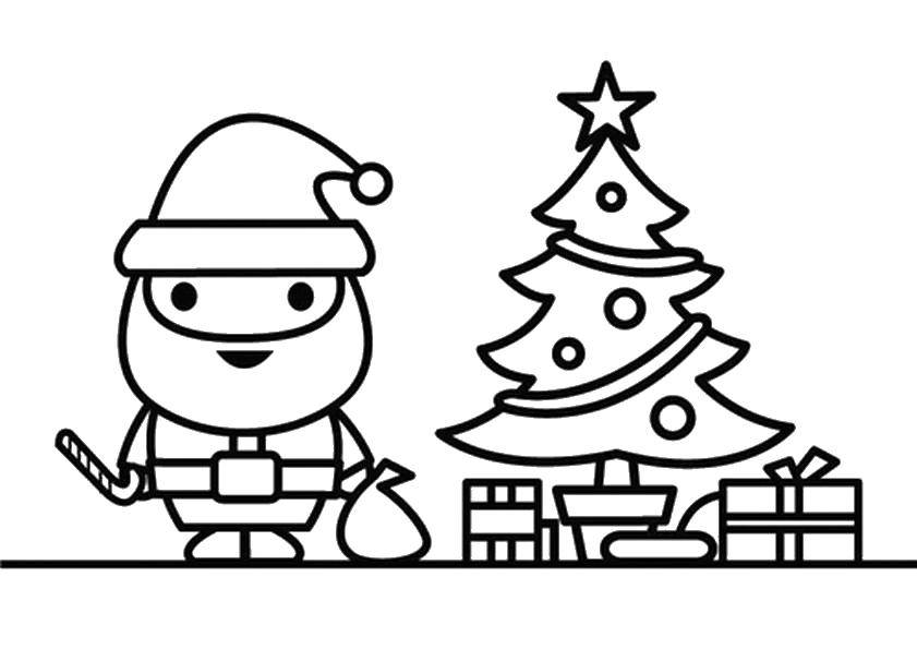 Название: Раскраска Санта клаус принёс подарочки. Категория: новый год. Теги: Новый Год, ёлка, подарки, игрушки, Санта Клаус.