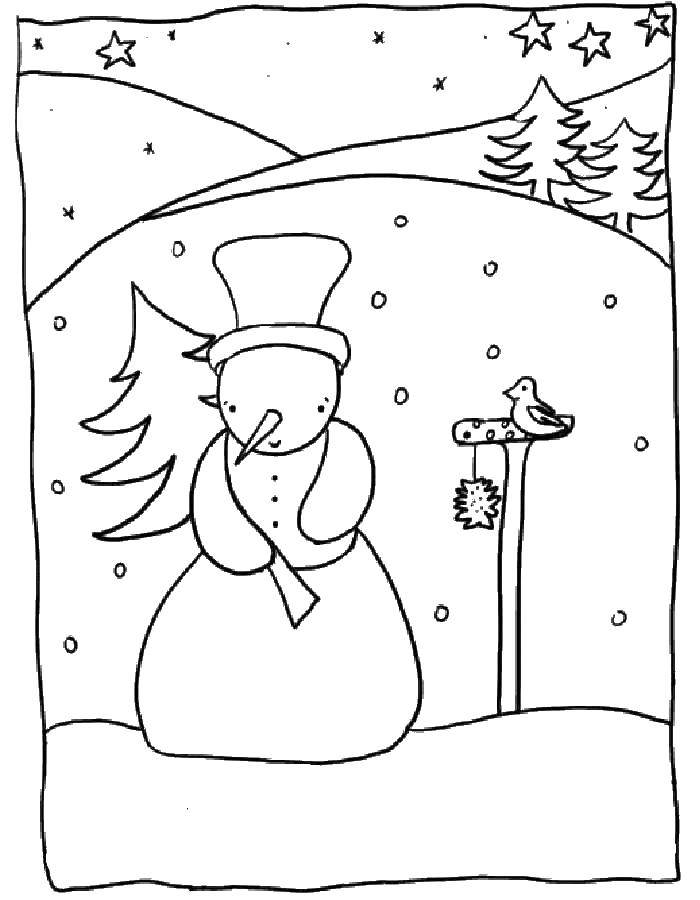 Coloring Snowman,tree,Sparrow. Category Coloring pages for kids. Tags:  snowman, Sparrow.