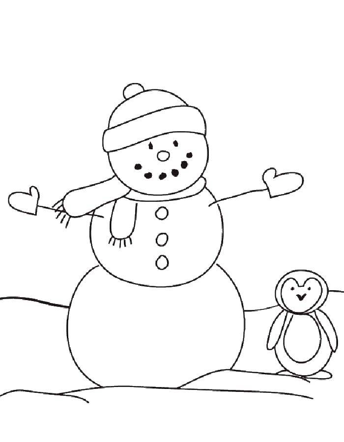 Coloring Snowman,penguin. Category Coloring pages for kids. Tags:  snowman, penguin.