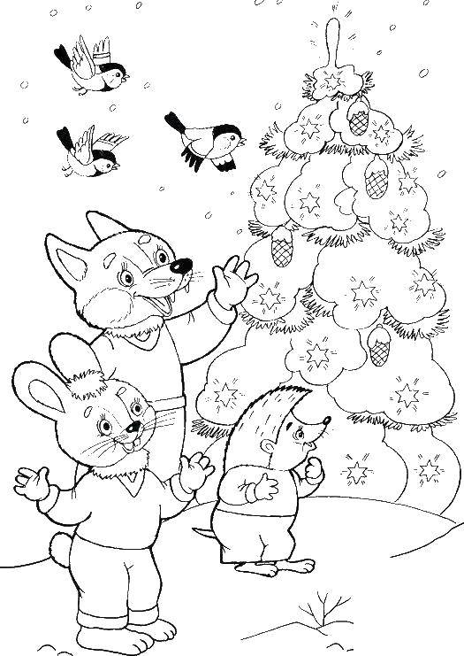 Coloring Animals happy new year. Category coloring Christmas tree. Tags:  New Year, tree, gifts, toys.