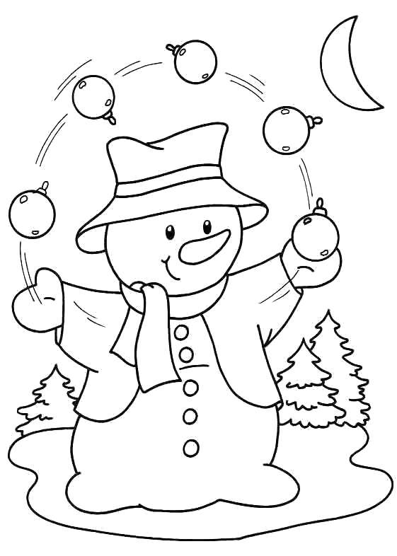 Опис: розмальовки  Сніговик жонглює новорічними іграшками. Категорія: сніговик. Теги:  Сніговик, сніг, зима, радість, Новий Рік.