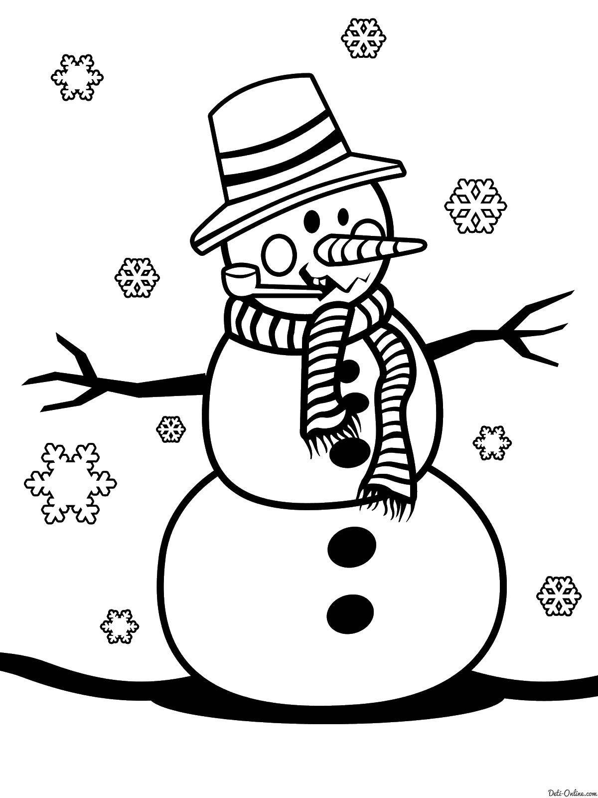 Розмальовки  Сніговик. Завантажити розмальовку сніговик, муштук, шарф.  Роздрукувати ,розфарбовування фігур,