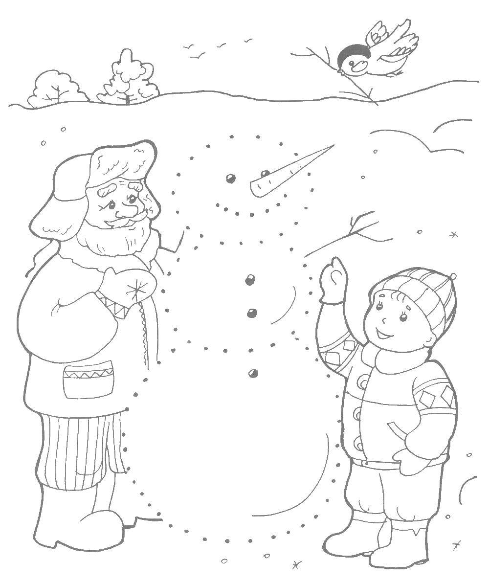 Coloring Grandfather,boy,snowman. Category Coloring pages for kids. Tags:  grandfather, boy, snowman.