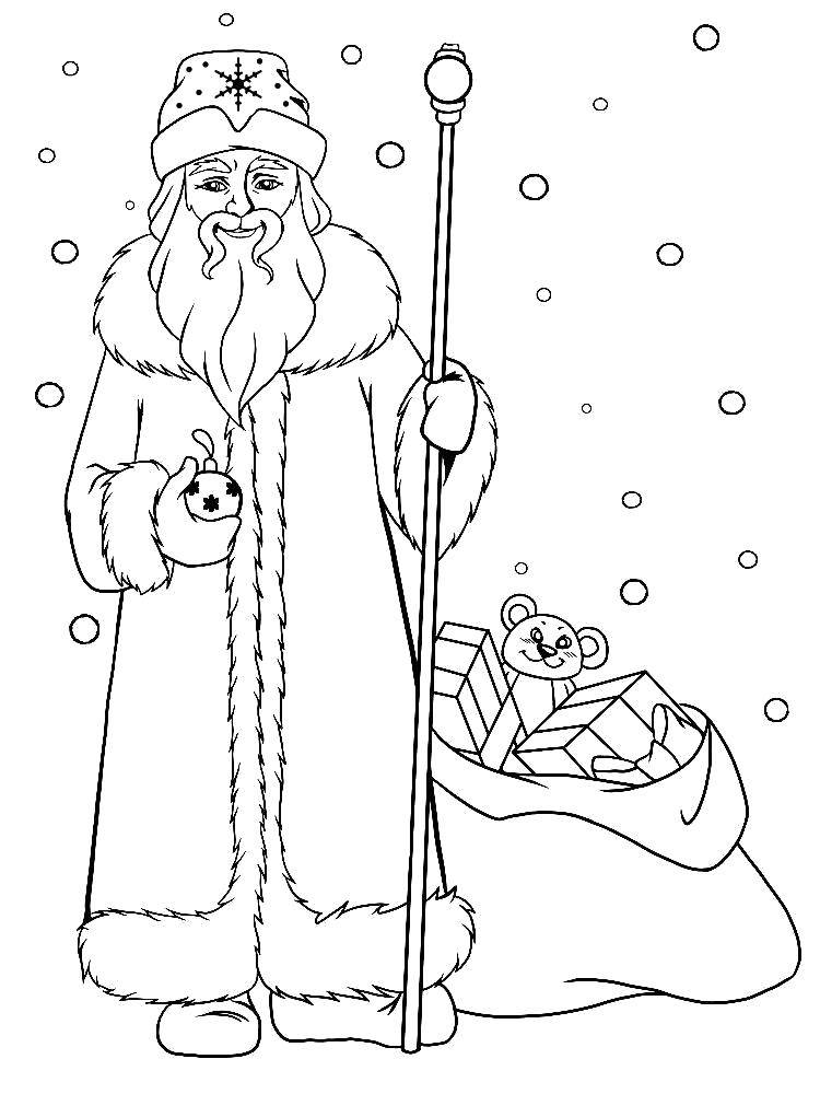 Название: Раскраска Дед мороз принёс подарочки. Категория: дед мороз. Теги: Новый Год, Дед Мороз, Санта Клаус, подарки.