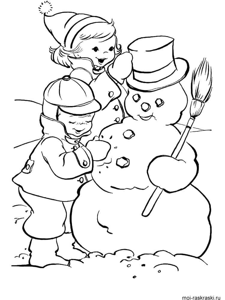 Название: Раскраска Дети лепят снеговика. Категория: Раскраски для малышей. Теги: дети, снеговик.