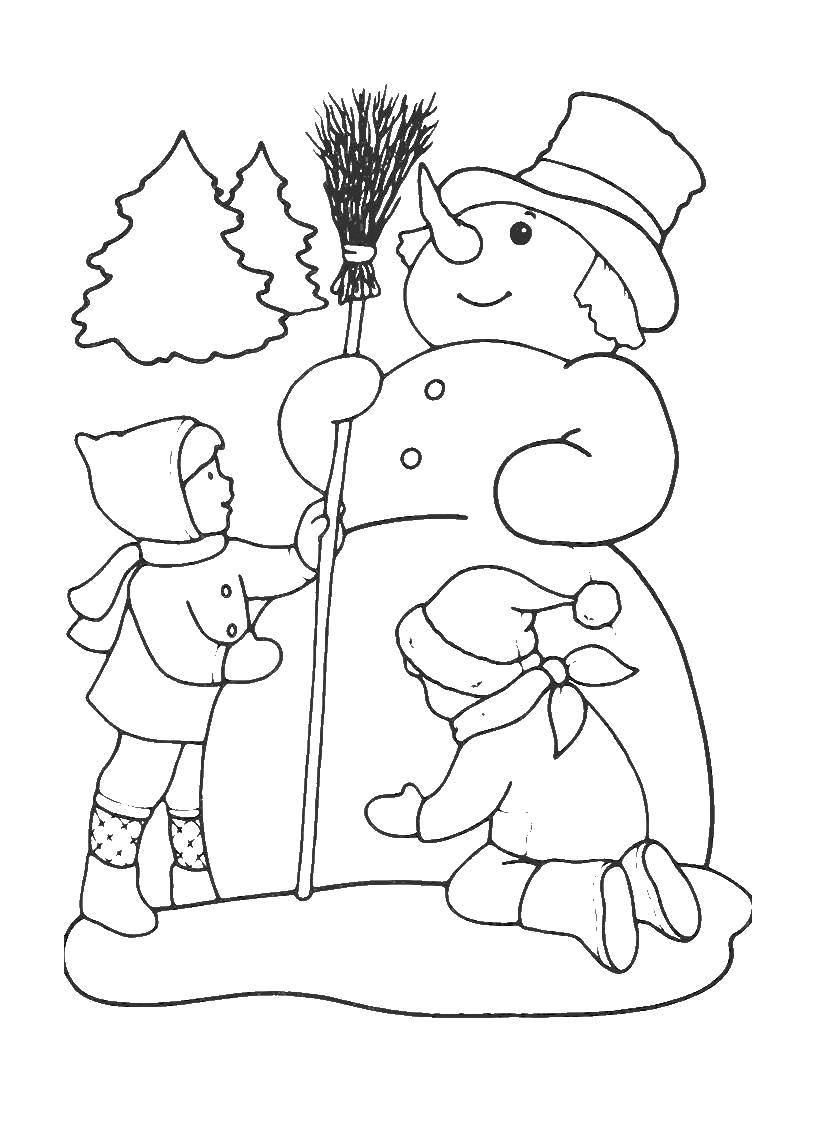 Название: Раскраска Дети лепят снеговика. Категория: снеговик. Теги: Снеговик, снег, веселье, дети.