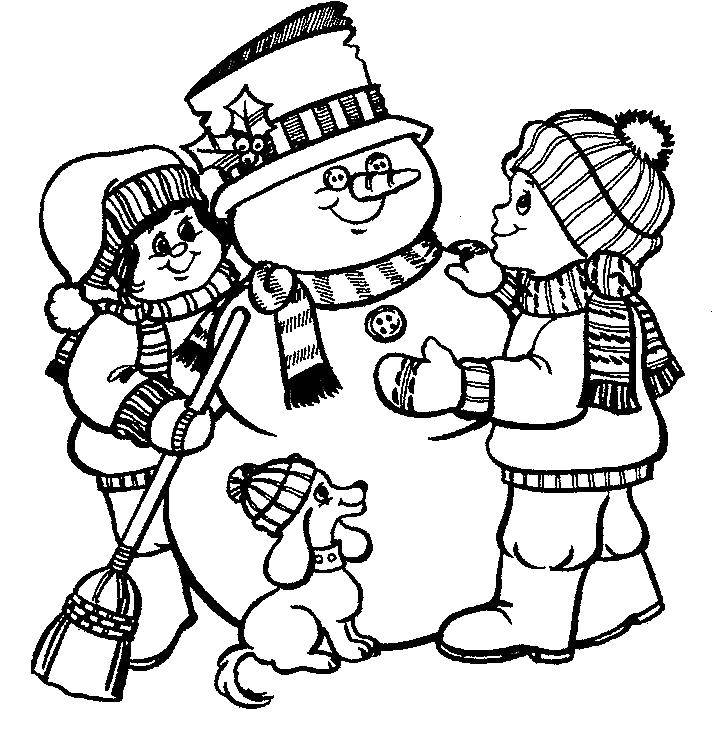 Название: Раскраска Дети,снеговик. Категория: Раскраски для малышей. Теги: дети, щенок, снеговик.