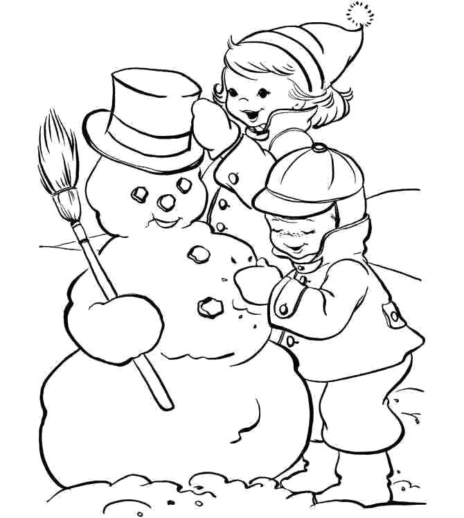 Название: Раскраска Детки лепят снеговичка. Категория: дети. Теги: Снеговик, снег, веселье, дети.
